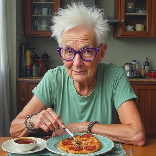 A whimsical sassy European grandmother with short white spiky hair and purple glasses enjoys her breakfast at a kitchen table. She wears a pale green t-shirt with tiny white dots and has bracelets on her wrist. In front of her, a plate of delicious food is presented.
