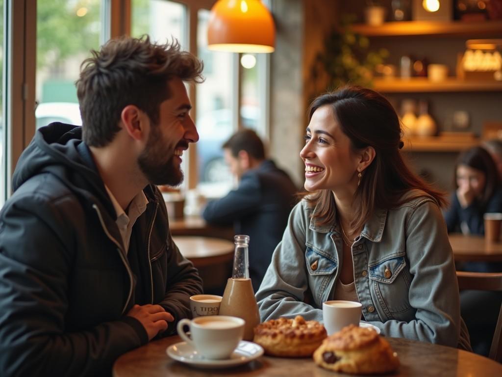 A young couple enjoys a cheerful moment together in a cafe. They are seated at a table adorned with plates of pastries and cups of coffee. The woman, wearing a denim jacket, smiles warmly at the man, who has a playful grin. The cafe has a cozy atmosphere with soft lighting and a mix of wooden elements. Other patrons can be seen in the background, creating a lively yet intimate setting.