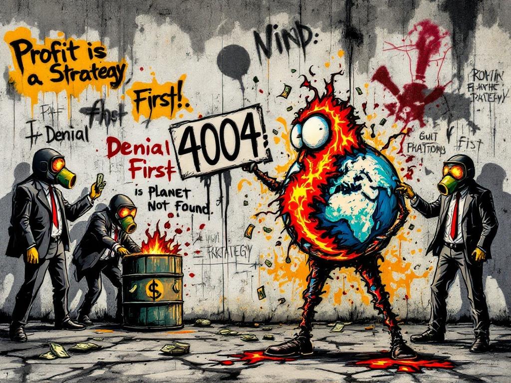 Urban wasteland scene in graffiti style. Melting globe as cartoon character holds sign that says 404: Planet Not Found. Business people in gas masks throw money into burning oil barrel. Wall covered in crude tags and stencil phrases like Profit First and Denial is a Strategy. Harsh shadows and bold spray lines.