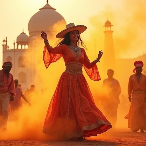 A vibrant dance scene during Holi festival. Color powder in the air. Dancer in traditional Indian outfit. Taj Mahal in the background. Warm light enhances festive mood. Motion captured beautifully.