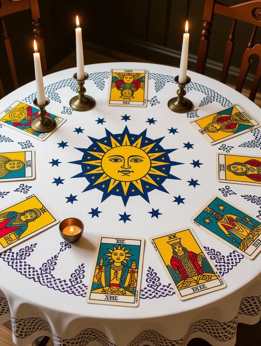Image of a round table with a white tablecloth featuring esoteric symbols like the sun, moon, and stars. Tarot cards such as The Lovers, Death, The Magician, and The Wheel of Fortune are arranged on the table. Candles and incense are present. The photographic quality is very high, resembling 4K. Lighting is bright and enhances the realism of the scene.