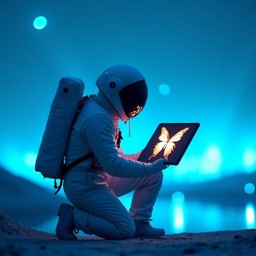 Close-up shot of an astronaut in a glowing blue landscape kneeling and holding a luminous tablet with a butterfly. The camera zooms in on the tablet showcasing the vibrant colors of the butterfly against a softly pulsing light background.