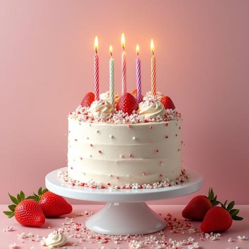 Birthday cake adorned with strawberries and lit candles on a white stand against a pink background. Candles are multicolored with a light sprinkle of decorative elements around the cake.