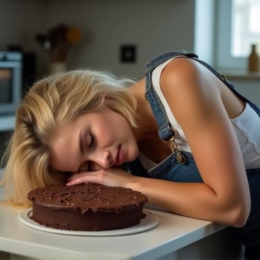 Side view of a blonde woman wearing overall shorts who has fallen asleep with her face stuck in a chocolate pie on a counter.