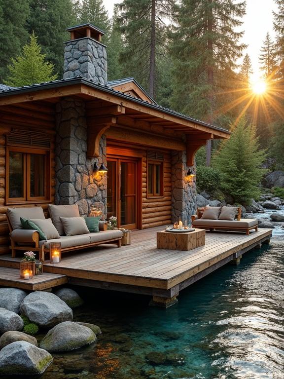 Serene forest cabin retreat beside a crystal-clear stream. Rustic charm showcased through natural materials. A cozy outdoor lounge area enhances the picturesque setting. Lush evergreen trees frame the backdrop under a soft sunset glow. Deck extends over clear water with smooth stones.