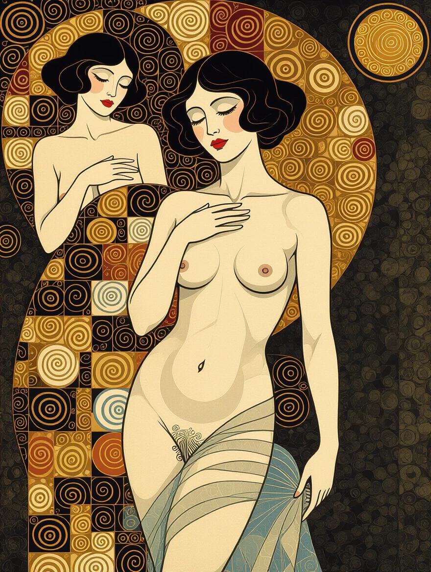 Nude woman styled in surrealism. Artwork inspired by Klimt. Elegant poses and artistic patterns. Emphasis on femininity and beauty.
