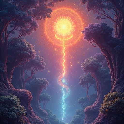 Lush luminous fractals in an alien crystalline forest under a cosmic sky. Depiction of infinite Mandelbrot spirals of radiant souls. Vertical helix formed by descending souls dissolving into stars. Eclipsed three suns provide background light. Vertical crystals with intricate symbols create luminous pathways, illustrating the interconnectedness of all things. Use pastel tones and gradients.