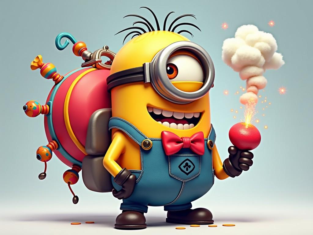 Create a fantasy character inspired by a giant bomb minion. The character should have exaggerated features and bright colors. Integrate elements like playful expressions and cartoonish proportions. Include whimsical details, such as oversized accessories or playful gadgets. Make the character appear vibrant and energetic, perfect for a mythical or fictional setting.