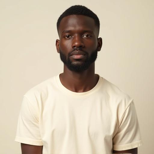 High resolution portrait of a Black male. Wearing a plain cream-colored T-shirt. Full frontal view. Clean-shaven face. Neutral expression. Natural skin texture. Looking directly into the camera. Well-lit with soft even lighting. Simple solid background. Sharp details. Realistic skin tones. Subtle catchlights in the eyes. Minimalistic clean composition.