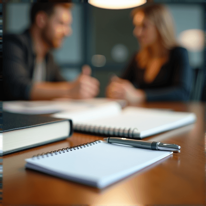 A man and woman are having a conversation at a table with notebooks and a pen.