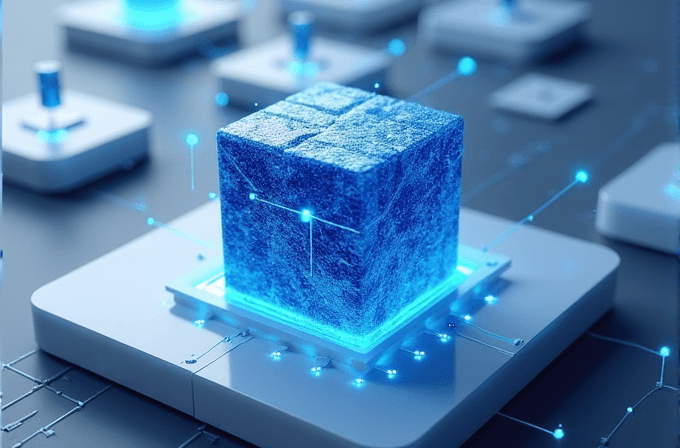 An illuminated translucent blue cube surrounded by digital circuits on a futuristic platform.