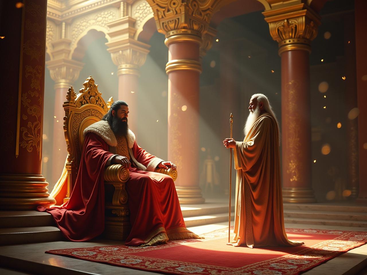 The image depicts a royal scene set in an ancient palace. A majestic king is seated on an ornate golden throne, dressed in rich, traditional attire. He has long hair, a beard, and wears important ornaments that signify his royal status. In front of him stands a sage or an advisor, wearing a simple robe and holding a staff. The atmosphere is filled with ethereal light, with particles floating in the air, adding to the divine ambiance. The intricate details of the palace architecture and the colorful floral elements on the floor enhance the beauty of the scene.