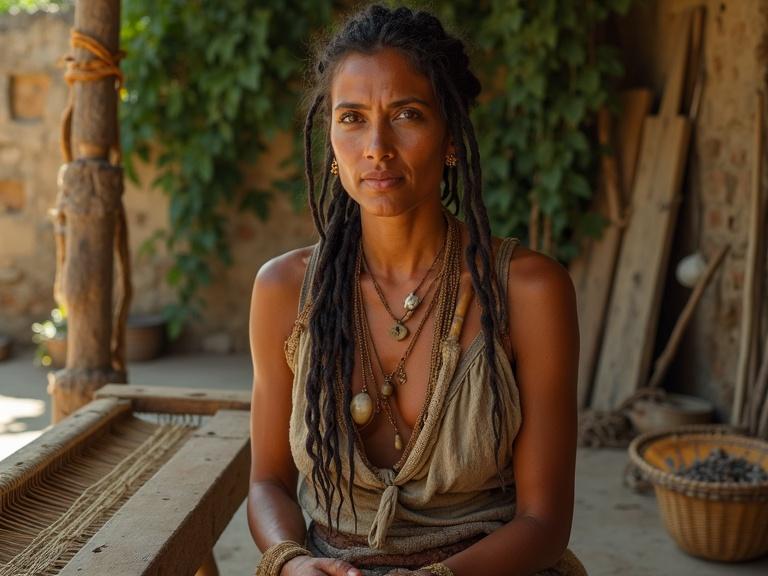 Realistic portrait of a focused female artisan sitting on a stone bench in front of a wooden loom. She stains her fingers with plant-based dyes. Wearing handwoven linen with visible seams and bone beads. Hair tightly braided with plant fibers and copper wire. Chest tattoo shows family lineage. Background features loom, baskets, and ivy-covered ruins.