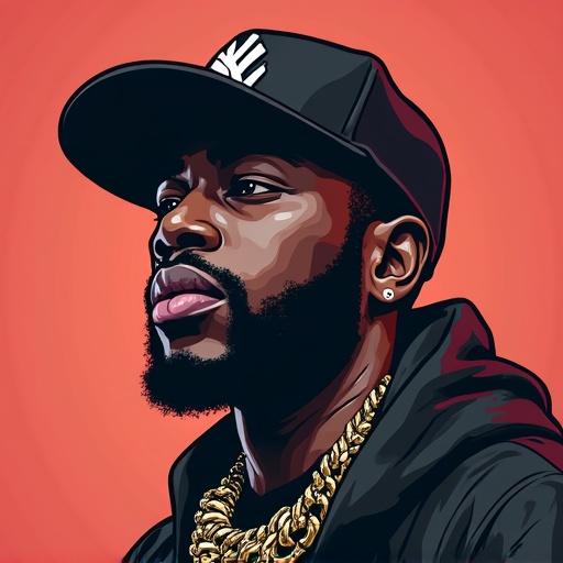 Digital logo design for hip hop artist featuring a stylized portrait with bold colors and a confident expression.