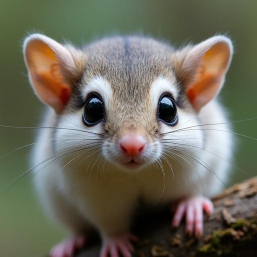 Close-up of an Ezo Momonga head. Features fluffy fur and large black eyes. Captures delicate gliding membranes and natural forest background. Highlights Hokkaido habitat.