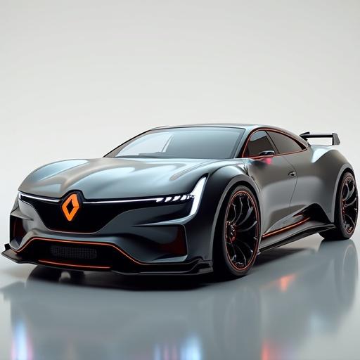 Futuristic Renault Megane blended with elements from Porsche. A sleek, modern car design featuring smooth curves and aggressive styling.