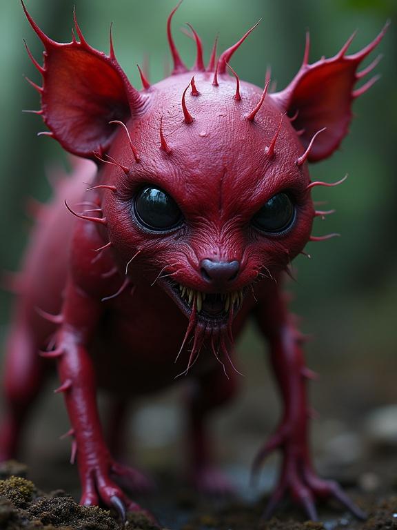 Realistic rendition of a scary beetroot-like creature. Creature has spiky features and menacing eyes. Environment suggests a forest setting.