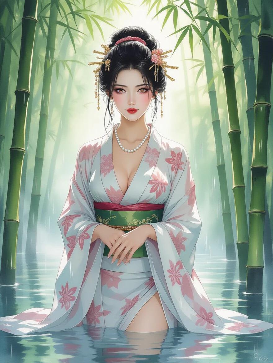 A beautiful Japanese woman emerges from a misty bamboo forest. Her sheer wet robe shimmers in sunlight. She wears an ornate pearl necklace. Delicate tendrils of hair frame her face. The scene is hyper-detailed watercolor. Inspired by Pino Daeni and Carne Griffiths. Soft pastel colors and intricate brushstrokes create beauty and tranquility.