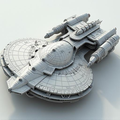 3D plan of a futuristic spacecraft inspired by science fiction themes.