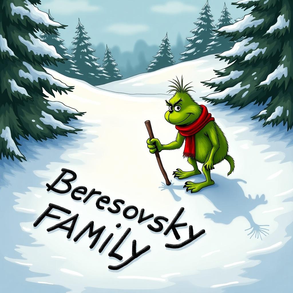 The Grinch writes the name Berezovsky Family in the snow with a stick. Snow-covered hills surround the scene. Evergreen trees frame the landscape. The Grinch is green and wears a red scarf.