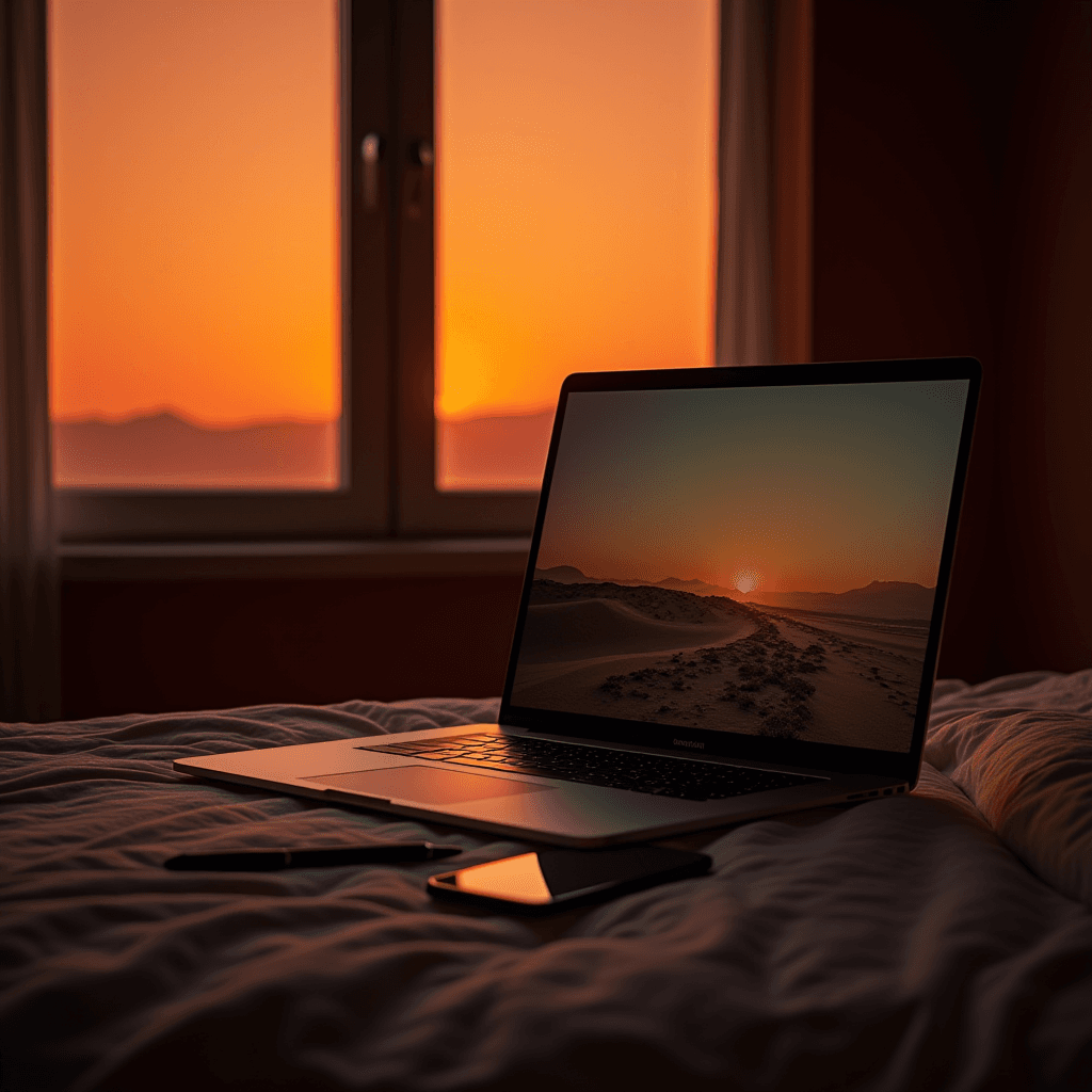 A laptop and smartphone sit on a bed with a glowing orange sunset outside the window.