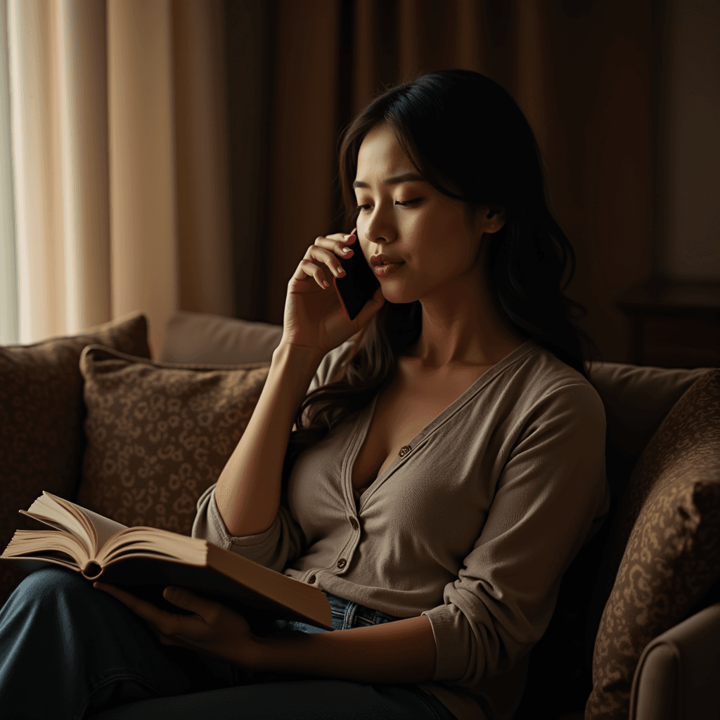 A woman sits comfortably on a couch, holding a book and talking on a smartphone, surrounded by warm, ambient lighting.