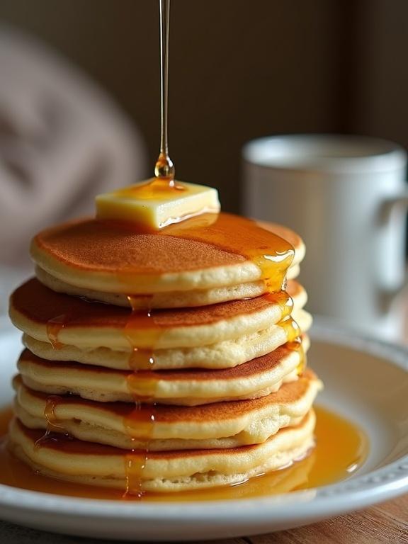 Tall stack of fluffy pancakes drizzled with honey in cozy setting. Golden brown color. Butter on top. Syrup running down sides.