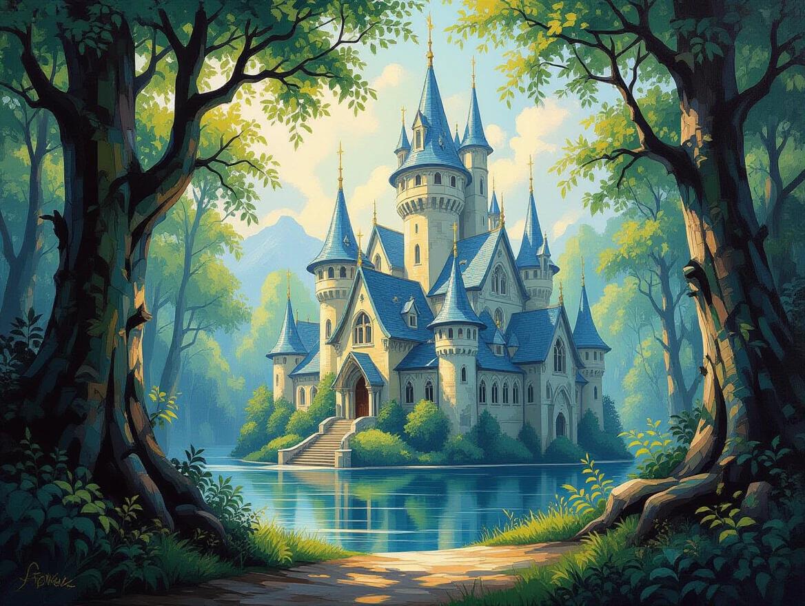 A magical castle stands tall in a vibrant forest. The castle features tall spires and intricate architecture. Bright colors and thick brush strokes capture the fantasy essence. Light filters through the trees surrounding the scene.