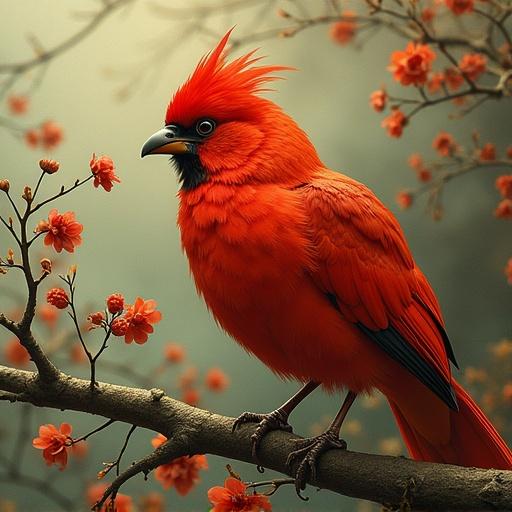 A vibrant vermilion bird perched on a branch with blossoms. The bird features bright red plumage and a crest, surrounded by soft focus floral elements in the background.