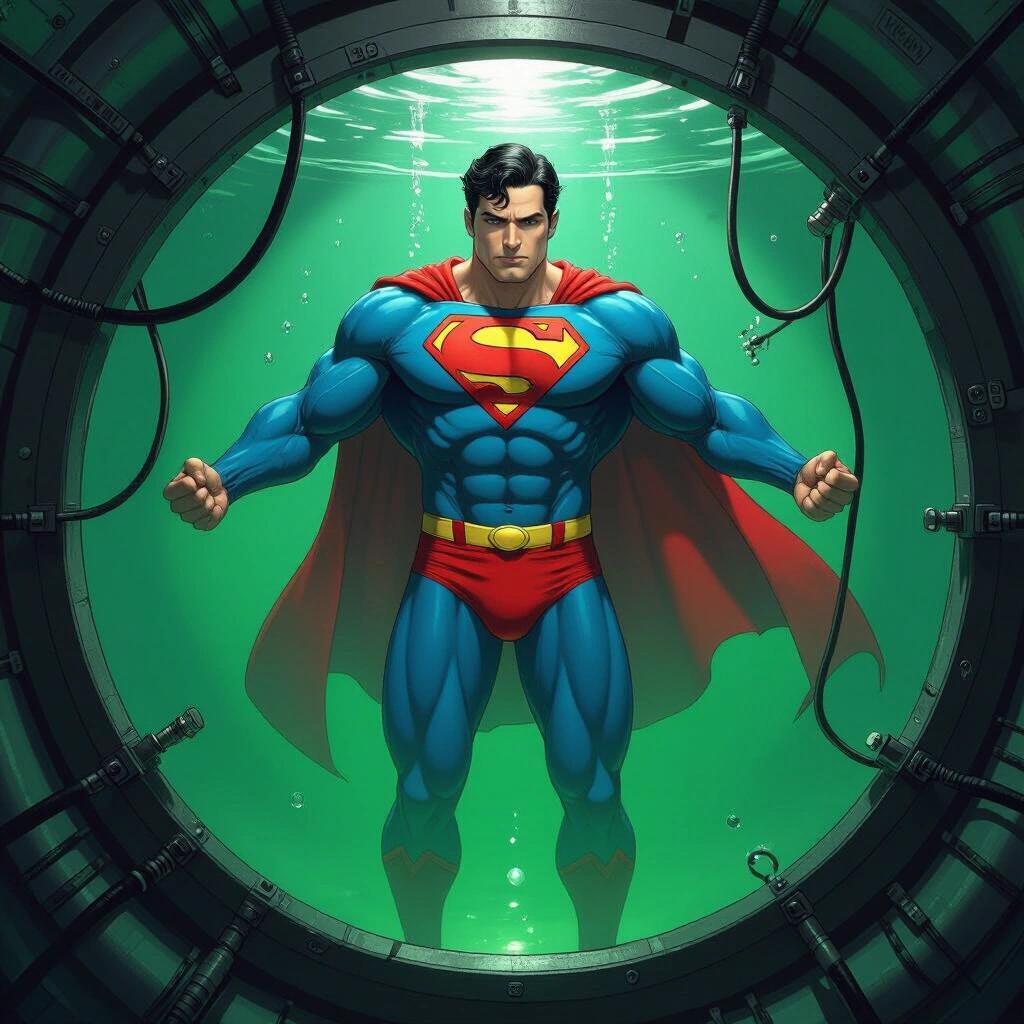 Superman standing in a clone tube filled with green liquid with cables and tubes attached to him. Red briefs and blue suit emphasize his muscular build.
