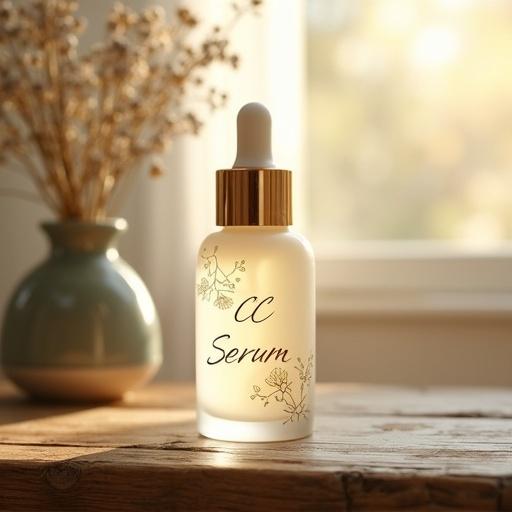Poster of a CC Serum beauty product. Product prominently displayed. Frosted glass container with floral design and golden dropper on wooden surface. Blurred background shows cottage interior with wildflowers in vase and sunbeams through curtains. Product name inscribed in cursive on bottle illuminated by natural light.