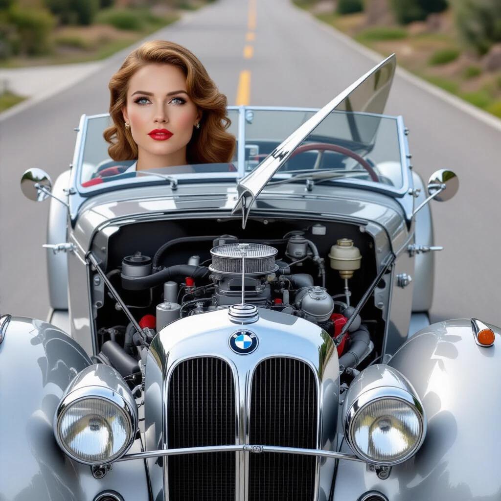 1936 BMW 328 Roadster in a mechanical drama setting. Car is silver with an open hood showing the engine. Woman is positioned at the left side of the hood looking at the carburetor. Shot from a low angle with a focus on the engine.