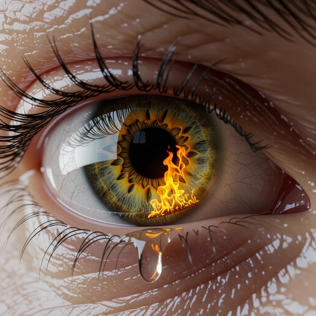 Extreme close-up on a human eye with fire reflected in the pupil and a single tear about to fall. The eye is highly detailed and realistic with a cinematic feel.