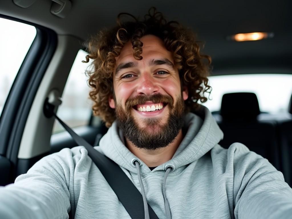 A man is sitting in a vehicle, wearing a gray hoodie. He has long, curly hair and a full beard. The man is smiling playfully at the camera. He is wearing a seatbelt, indicating he is in a car. The background shows the interior of the vehicle, with soft lighting.