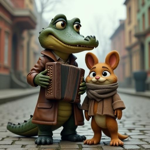 Ultra-realistic scene with a cartoon crocodile playing the accordion. He wears a vintage brown coat. Beside him stands a big-eyed, fuzzy creature in a warm scarf. The background features old Soviet-style buildings. The atmosphere is whimsical and nostalgic.