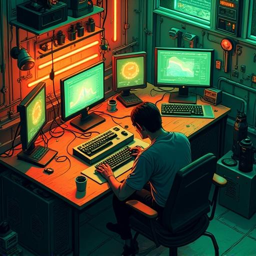 Underground hacker studio features neon lights. Glowing keyboards dominate the desk. Multiple orange and green monitors display data. Wires connect gadgets. Green-lit walls enhance ambiance. Coffee cups on the chaotic desk. Focused atmosphere.