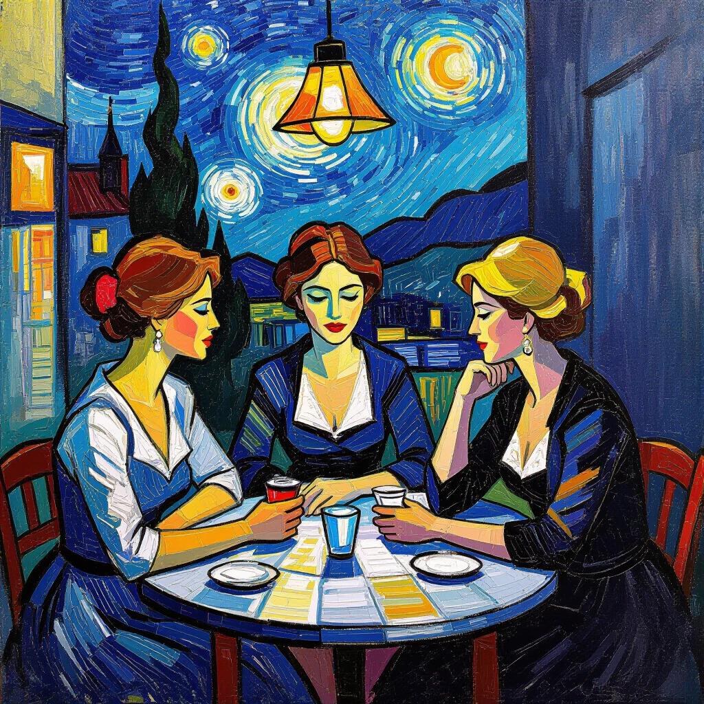 A vibrant depiction of three women sitting around a table. Inspired by Van Gogh's style. The women are dressed elegantly. They are engaged in conversation over drinks. The table is set with cups and plates. The background features mountains and starry skies. A hanging light illuminates the scene.