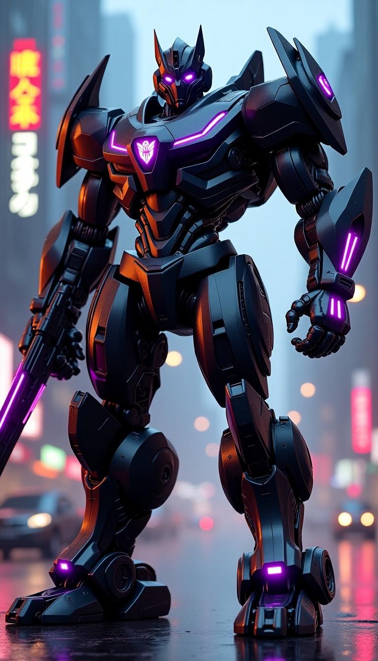 A massive and powerful Transformer-style robot inspired by the sleek design of a black panther stands in a high-tech city at night. Its metallic body is detailed, featuring sharp contours and dynamic elements. Glowing purple accents illuminate its robust frame. The robot assumes a heroic pose, holding a high-tech weapon like a plasma sword. Neon lights from the city reflect off its armor, enhancing the dramatic effect. The entire scene is created with extreme detail, showcasing realistic shadows and reflections for a hyper-realistic aesthetic.