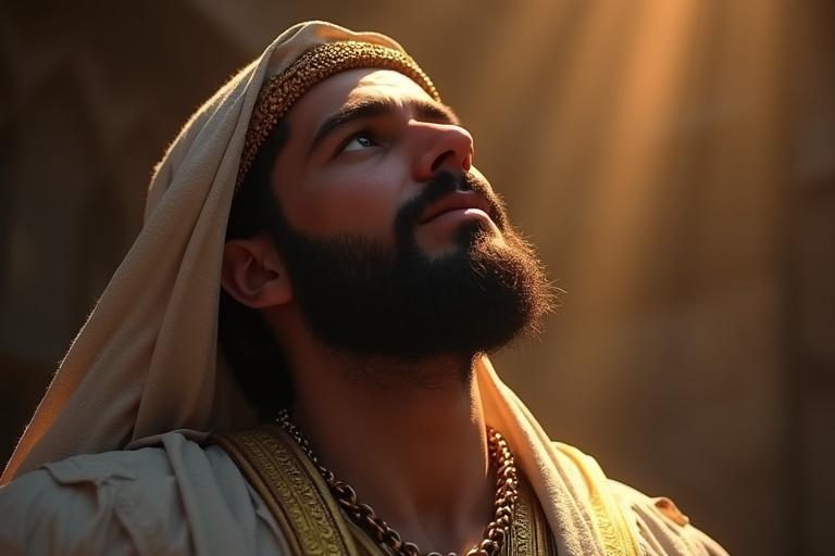 Close-up of a historical figure inspired by Hazrat Umar, looking up to the sky in prayer, symbolic chain labeled Trust of the Ummah, illuminated face by divine light, representing humility and spirituality.
