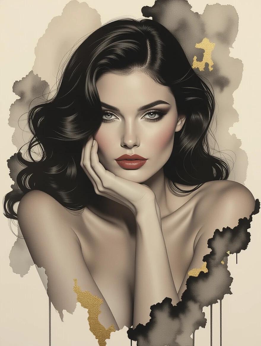 3D nude masterpiece with a minimalist aesthetic. Depicts elegance and shyness of a female figure. Created using mixed media with ink wash techniques. Features weathered parchment textures and hints of gold. Represents a femme fatale concept. Art style is shadowy and hazy.