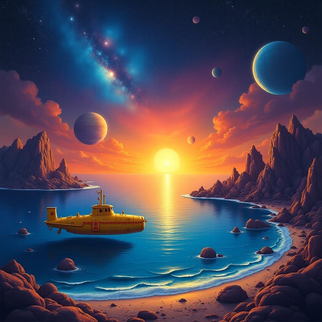 This artwork depicts a stunning imaginary landscape set in outer space. It features a sea bay with a docked 'yellow submarine'-like starship. A dramatic sunset transitions from deep blues to vibrant oranges across the horizon. Surrounding the area, nebulas and planets float majestically in a dark starry sky. The overall vibe combines elements of psychedelic art with themes of futuristic space exploration and spiritual energy.