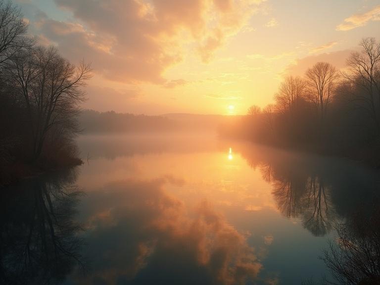 Dawn scene by the lakeside. Soft morning light with golden hues. Reflection on the lake. Bird's-eye view perspective. Impressionistic style with distant clouds. Ultra-high definition quality.