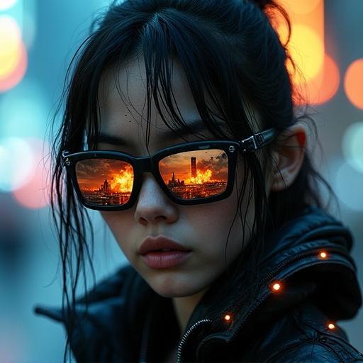 Close-up portrait of cyberpunk woman with wet black hair. Dark reflective sunglasses show fiery explosion over futuristic city. Intense expression with glowing scars under eyes. Black high-tech jacket with orange lights. Cold blue-toned city background with bokeh lights. Cinematic lighting with high contrast.