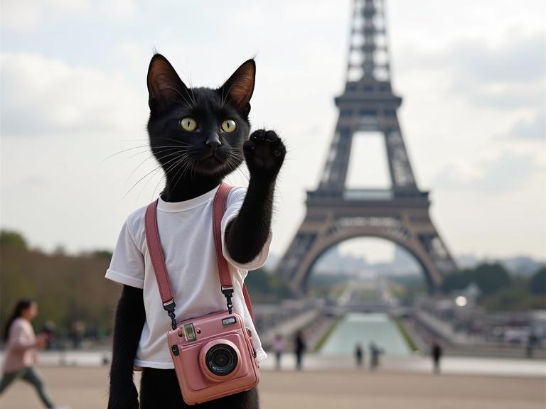 Humanoid black kitten in white t-shirt standing with pink camera in front of Eiffel Tower.