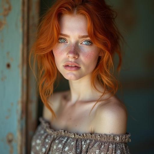 Portrait of a ginger teenage girl. She has ginger hair and aqua eyes. She has freckles and wears stylish off-shoulder clothing. Soft, natural light highlights her features.