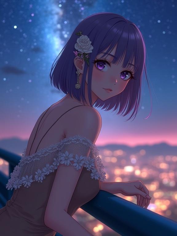 Anime character with violet hair and eyes wears an elegant brown evening dress. She leans on a railing at night. The Milky Way illuminates the sky. The scene has a romantic and cinematic atmosphere.