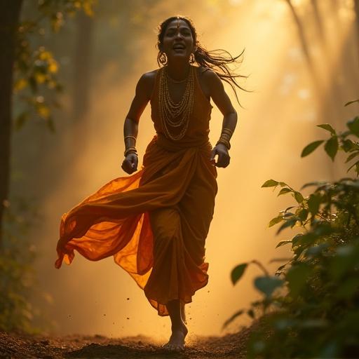A young Indian royal woman sprints through a dense forest. She wears a golden-orange sari and gold jewelry. Her expression shows fear and determination. Mist and light create a dramatic atmosphere. Fabric trails behind her. Painterly cinematic realism. Soft glows. Emotional drama. 16:9 aspect ratio.