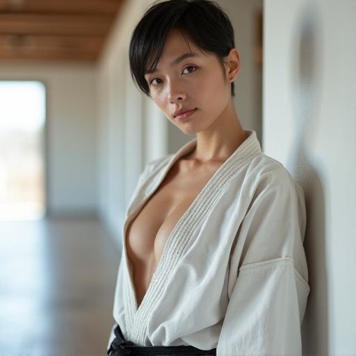 Young woman stands in bright modern dojo. She has a short hairstyle and pale skin. A casual confident pose with a worn out karate gi. Stunning abs slightly revealed. Front view with a slight smile. Natural light enhances photo-realistic style.