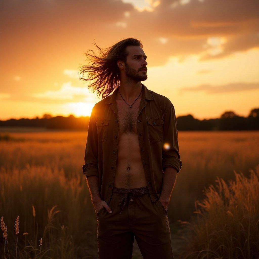 Man with long hair standing in a field. Warm sunset creating a silhouette. Character exudes a relaxed vibe.