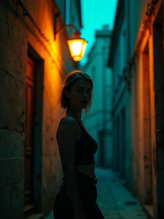 Confident woman stands under flickering streetlamp in narrow alley. Low resolution, moody shadows, pixelated, oversaturated teal and orange contrast, mild JPEG artifacts.
